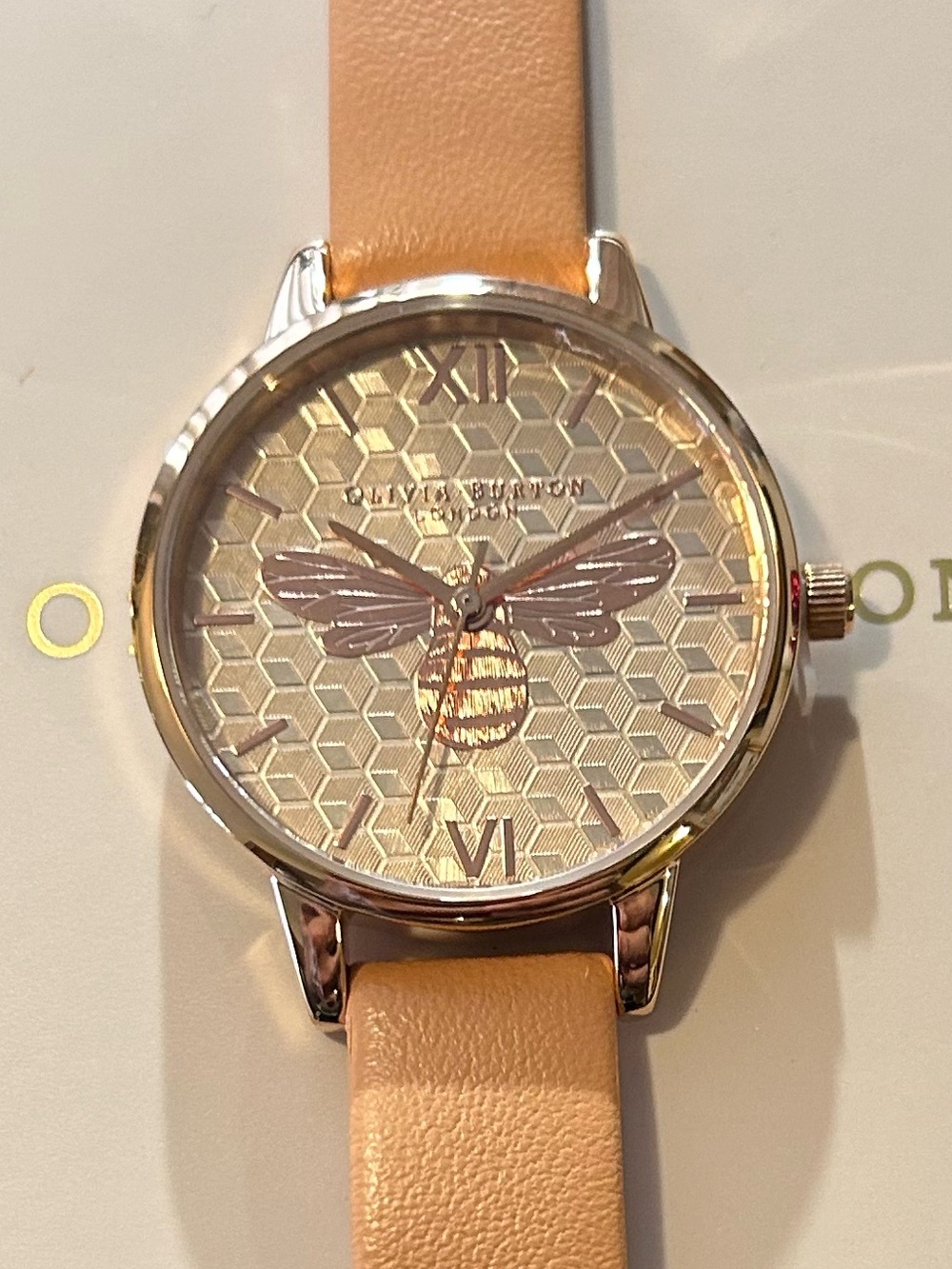 Olivia Burton Honey Bee Watch With 30mm RoseGoldTone Face & Tan Leather Band